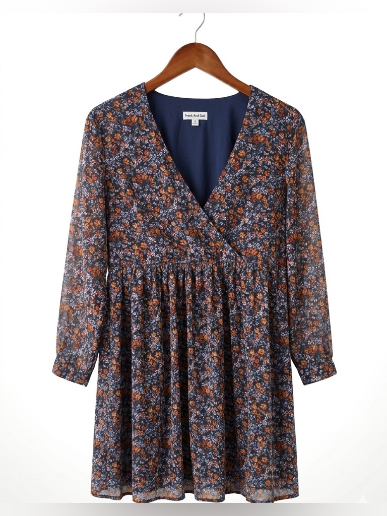 Frank And Oak Dark Floral V-Neck Long Sleeve Mini Dress Size M Boho